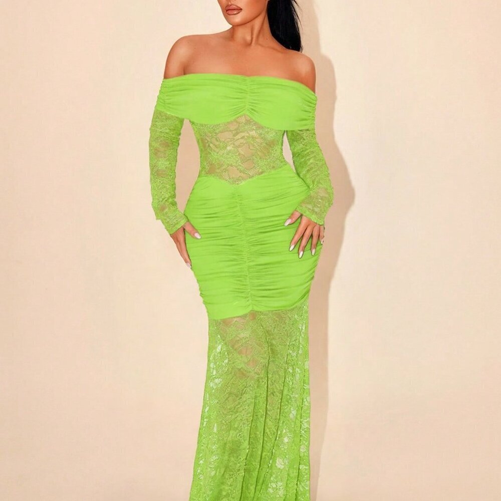 Moss Green Party Women's Minimalist Off-Shoulder Lace Dress